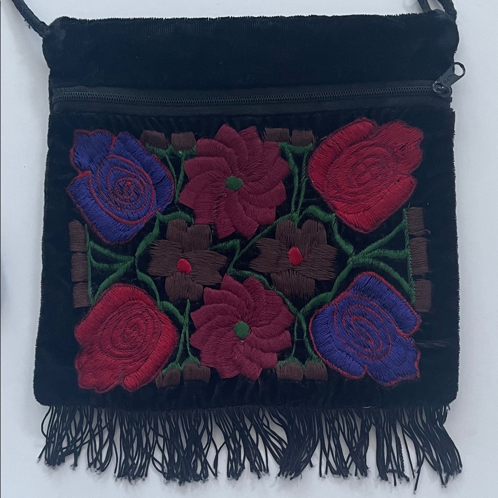 Vintage Velvet Embroidered Floral Fringe Mini Purse Bag Hippie Boho Indie
